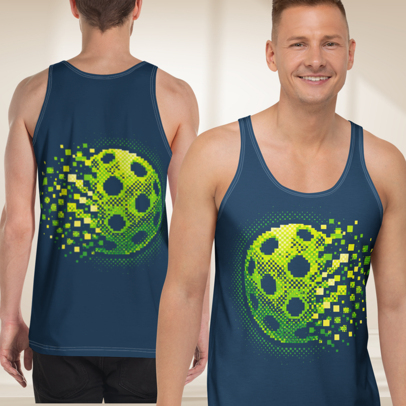 Men wearing PeaMac Pickleball Tees Matrix Burst Pickleball unisex tank top in XS size, front view, casual sportswear.