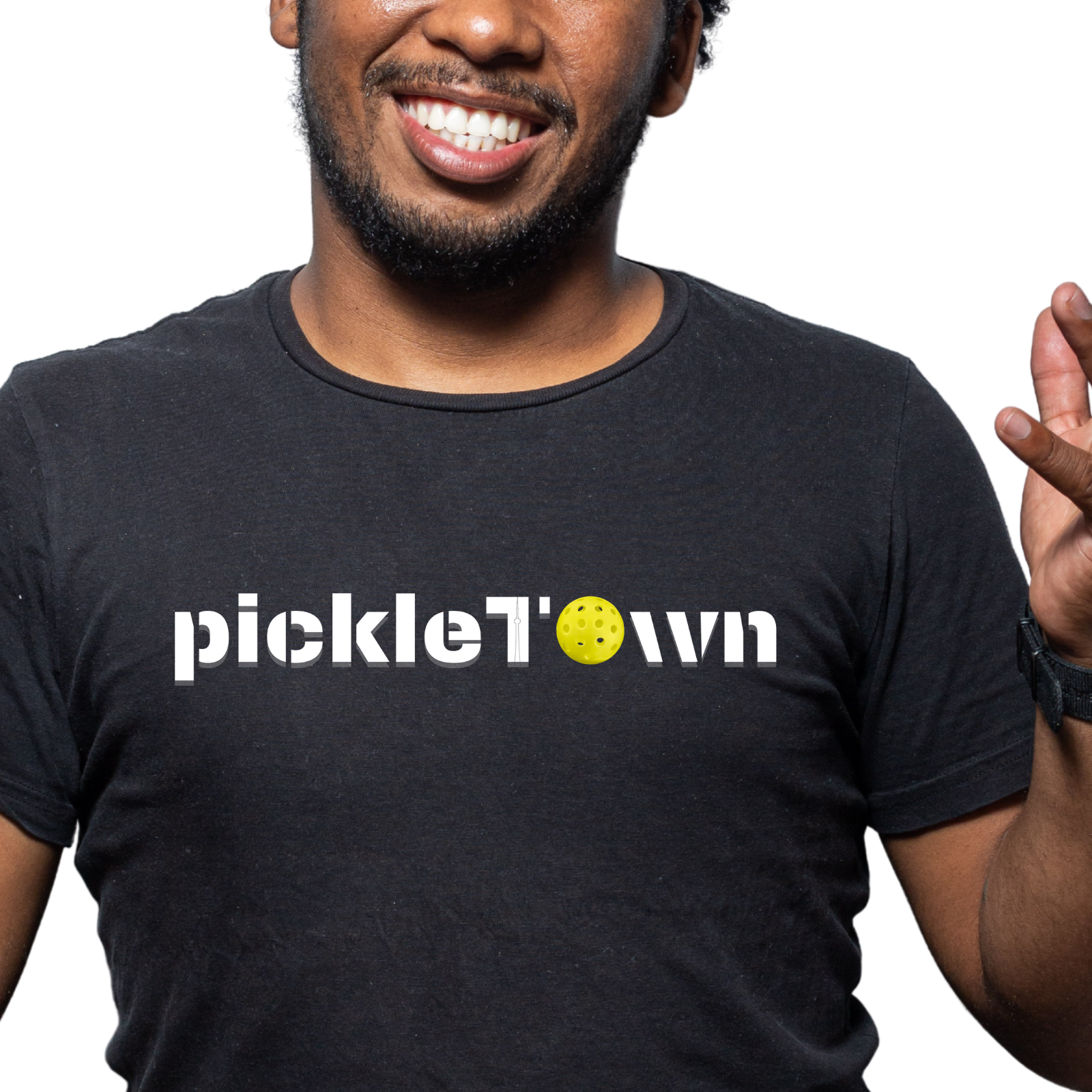 Toronto PickleTOwn T-Shirt by PeaMac Pickleball Tees featuring CN Tower and pickleball 'O' design on a casual T-shirt.