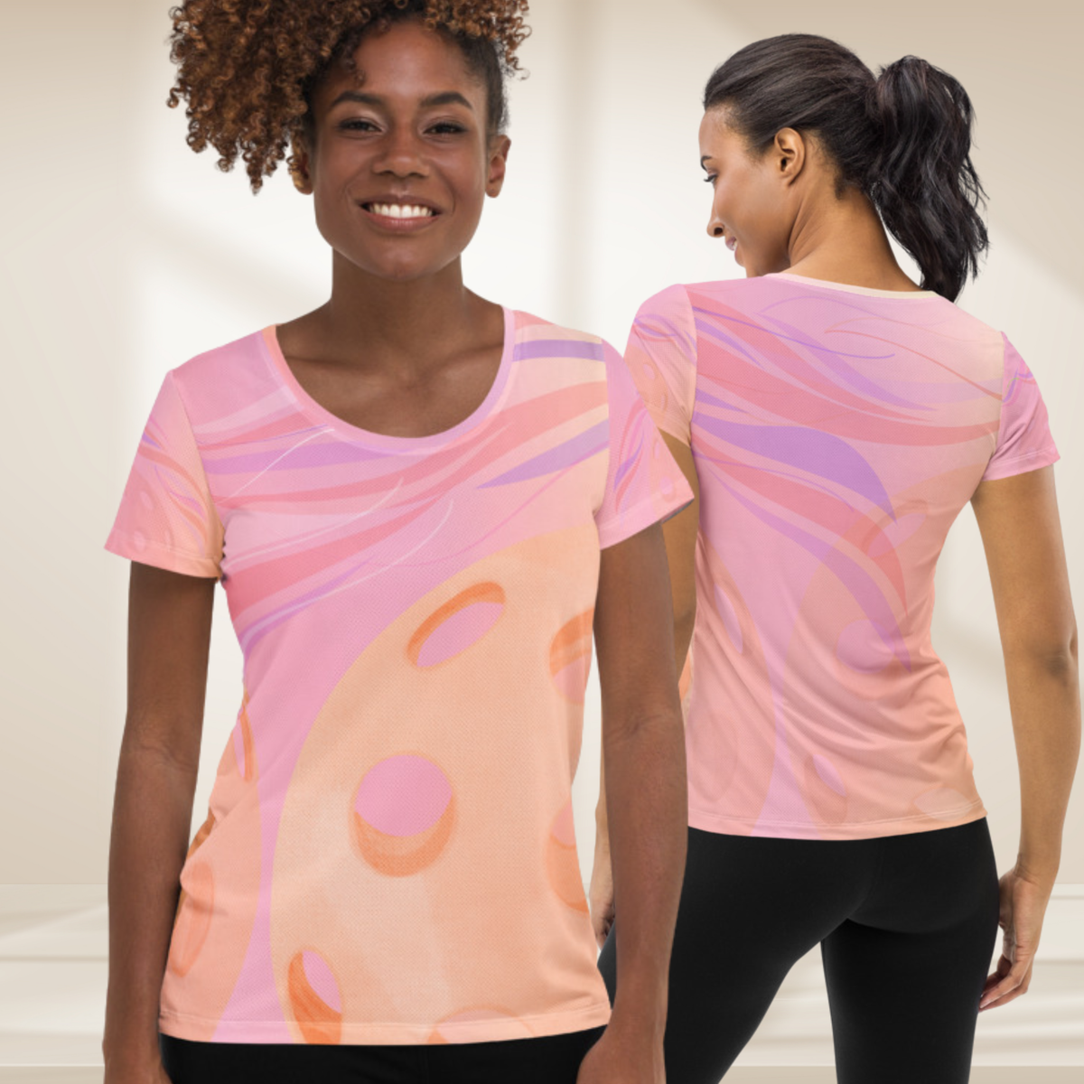 Women's July Sunset Pickleball Tee by PeaMac, pink athletic T-shirt with UPF 50+ sun protection, shown on multiple models.