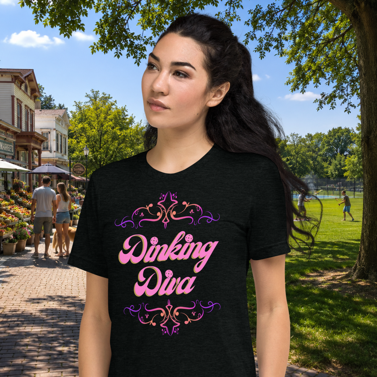 Dinking Diva Women's Pickleball Tee - PeaMacTees-BLACK-LEFT