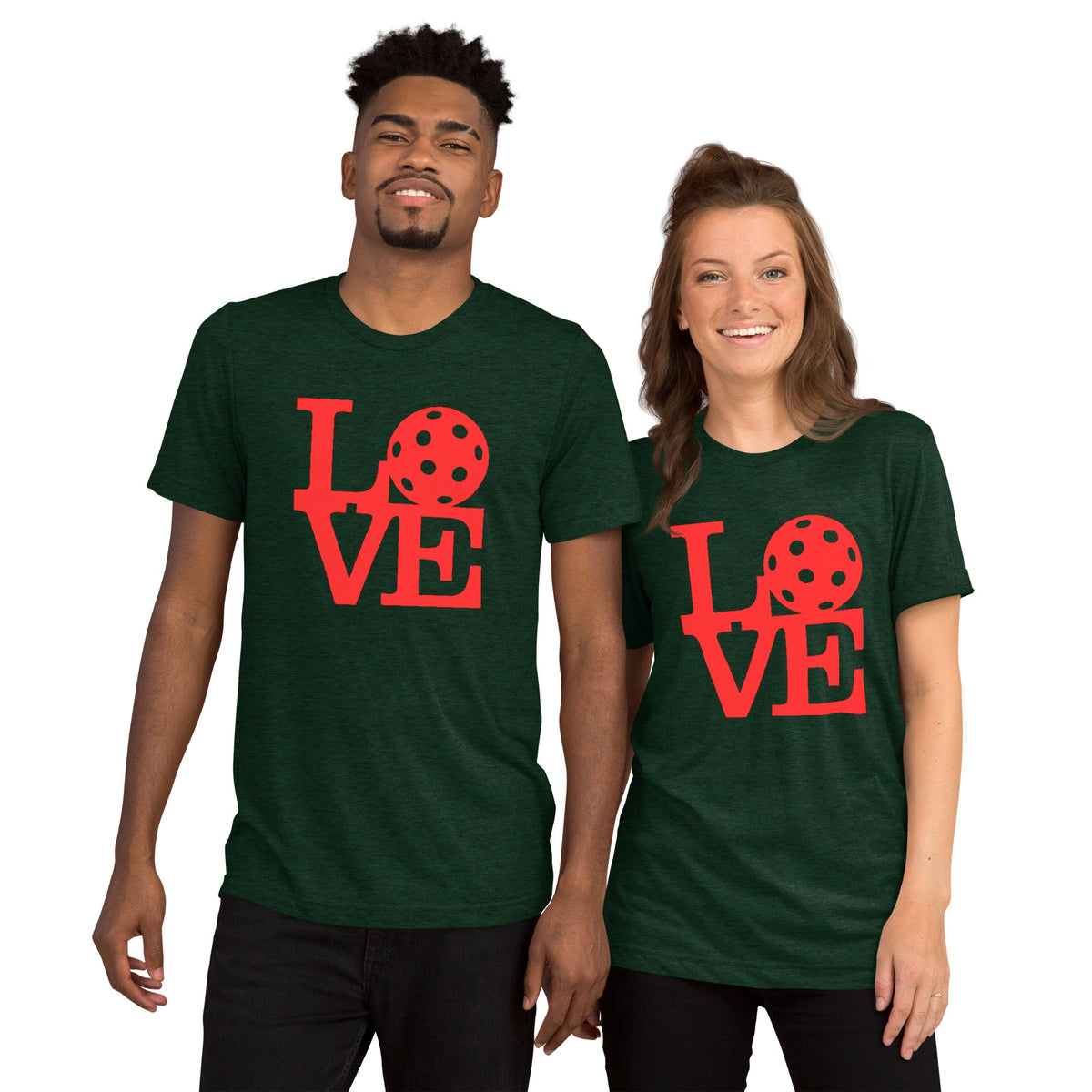Unisex Love Pickleball graphic T-shirt in bold red pop art style, made by PeaMac Pickleball Tees, shown from the front.