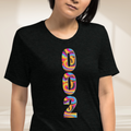 Close-up of PeaMac Pickleball Tees unisex pickleball T-shirt with a vibrant psychedelic tri-blend design.