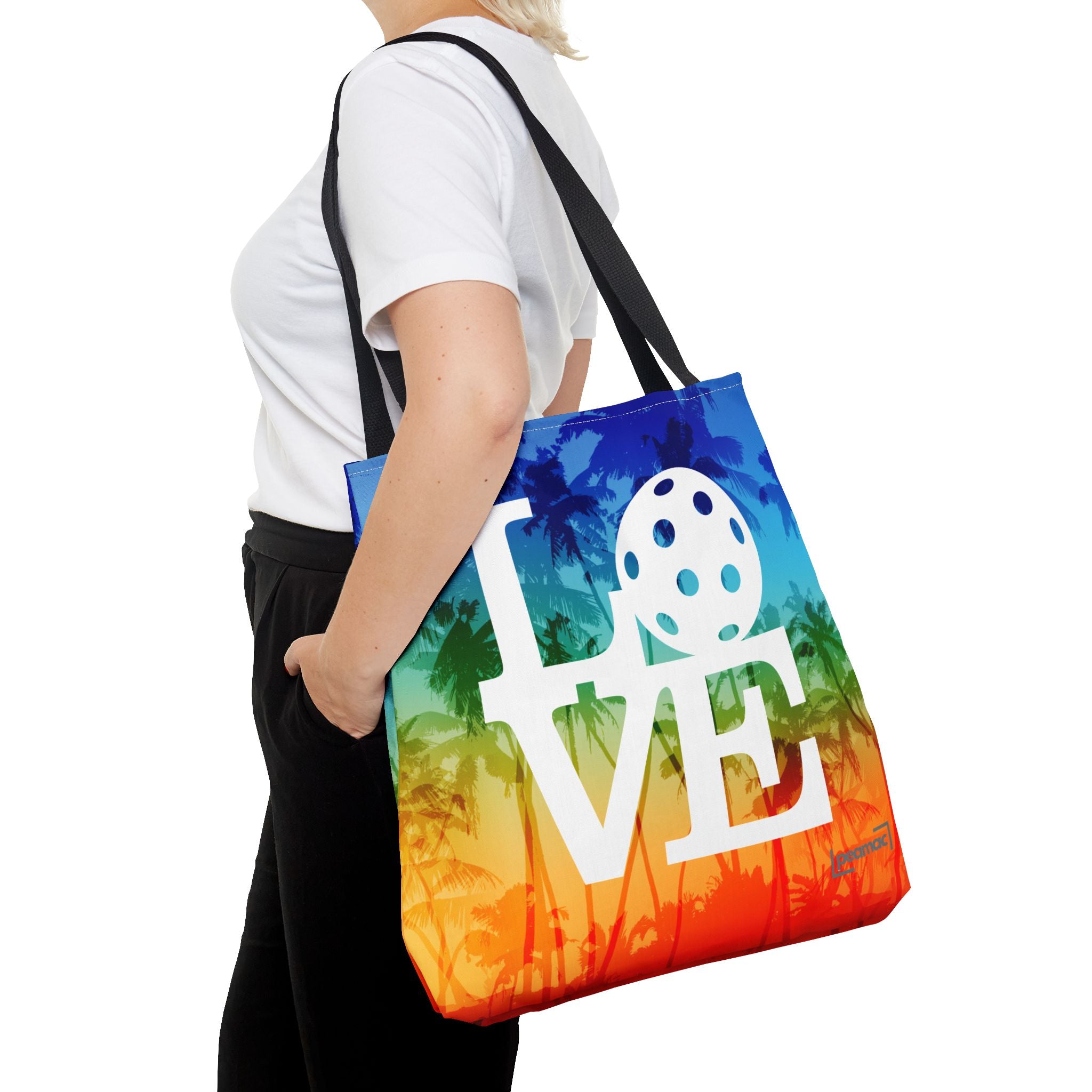 Colorful Tropical PICKLEBALL LOVE tote bag featuring palm and rainbow design, court-ready shoulder bag by Printify.