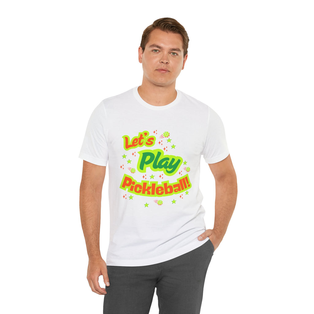 Neon orange and electric green pickleball rally T-shirt with court graphic by Printify, casual sportswear for active play.