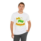 Neon orange and electric green Pickleball Rally T-Shirt with court graphic, casual athletic top by Printify.