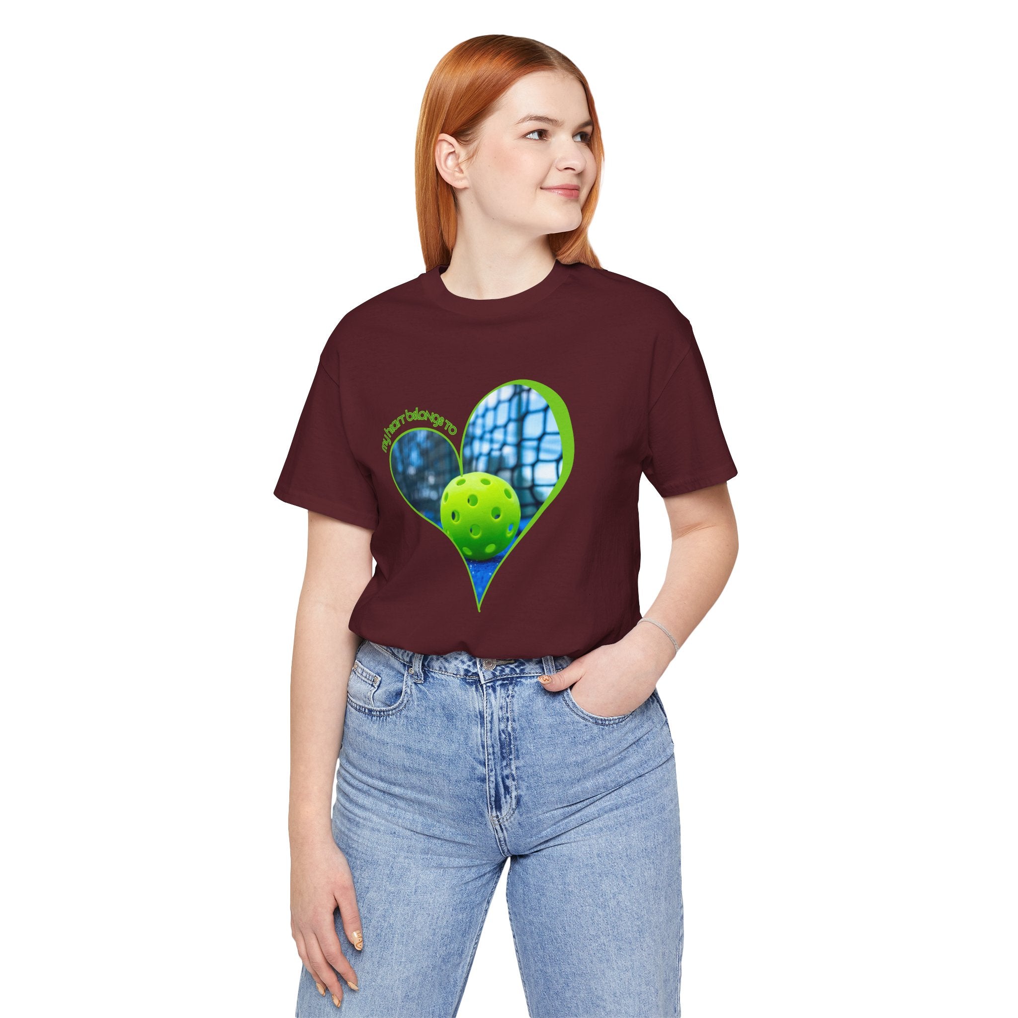 White pickleball T-shirt for players and fans with "My Heart Belongs to Pickleball" print, casual fit, by Printify.
