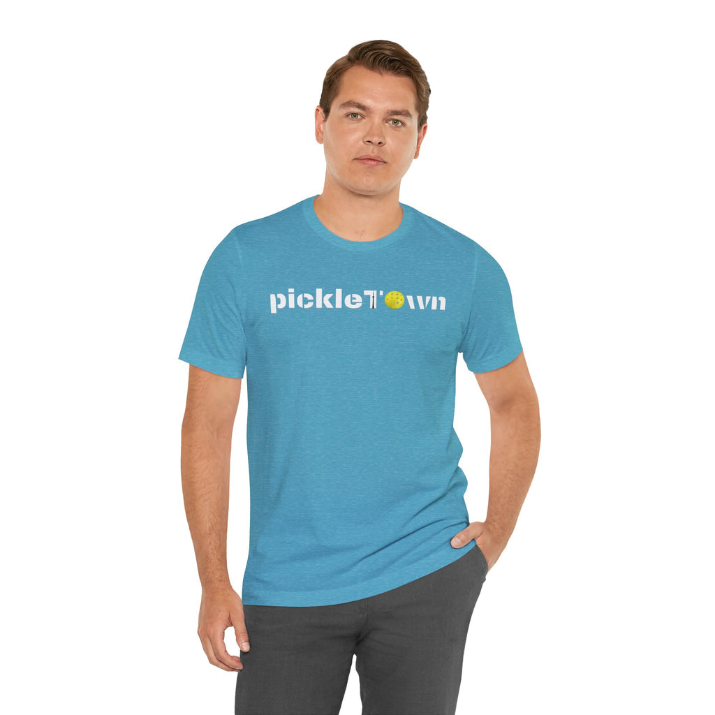 Toronto PickleTOwn T-Shirt featuring CN Tower and pickleball design, stylish casual tee for fans of Toronto and pickleball.