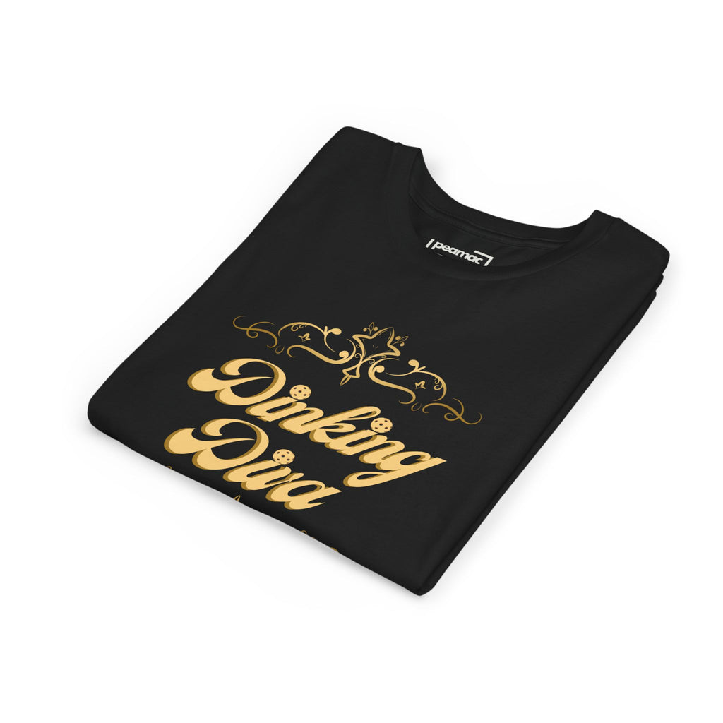 Youth Dinking Diva T-shirt featuring a gold filigree pickleball graphic, kids' casual wear by Printify.