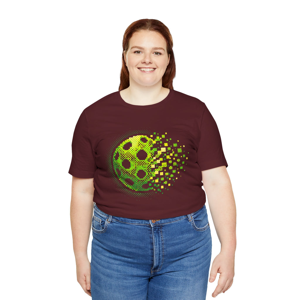 Green Pixelated Pickleball Tee with retro court graphic, casual T-shirt by Printify featuring vibrant pickleball design.