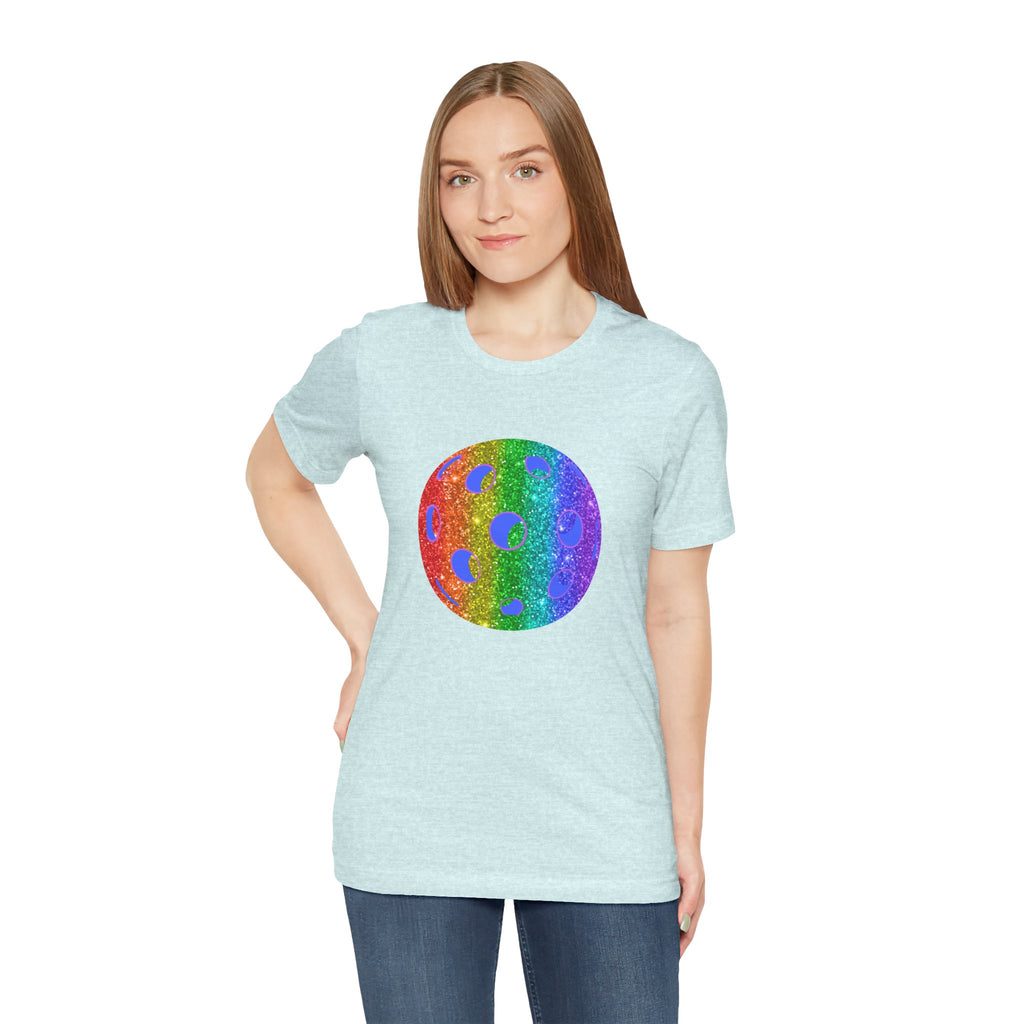 Rainbow glitter pickleball T-shirt featuring the Sparkle Loud and Proud Pickleball Pride Tee design on a vibrant printify shirt.