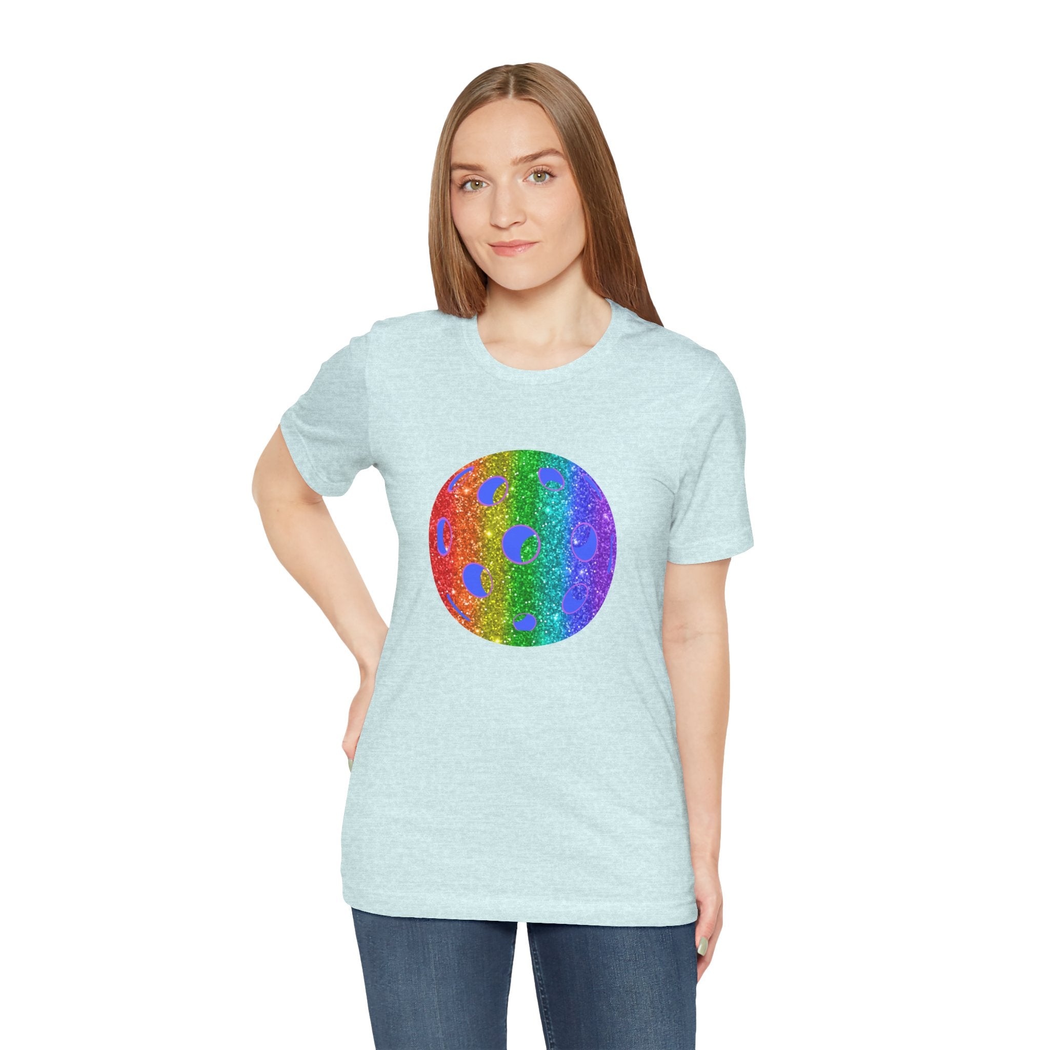 Rainbow glitter pickleball T-shirt featuring the Sparkle Loud and Proud Pickleball Pride Tee design on a vibrant printify shirt.
