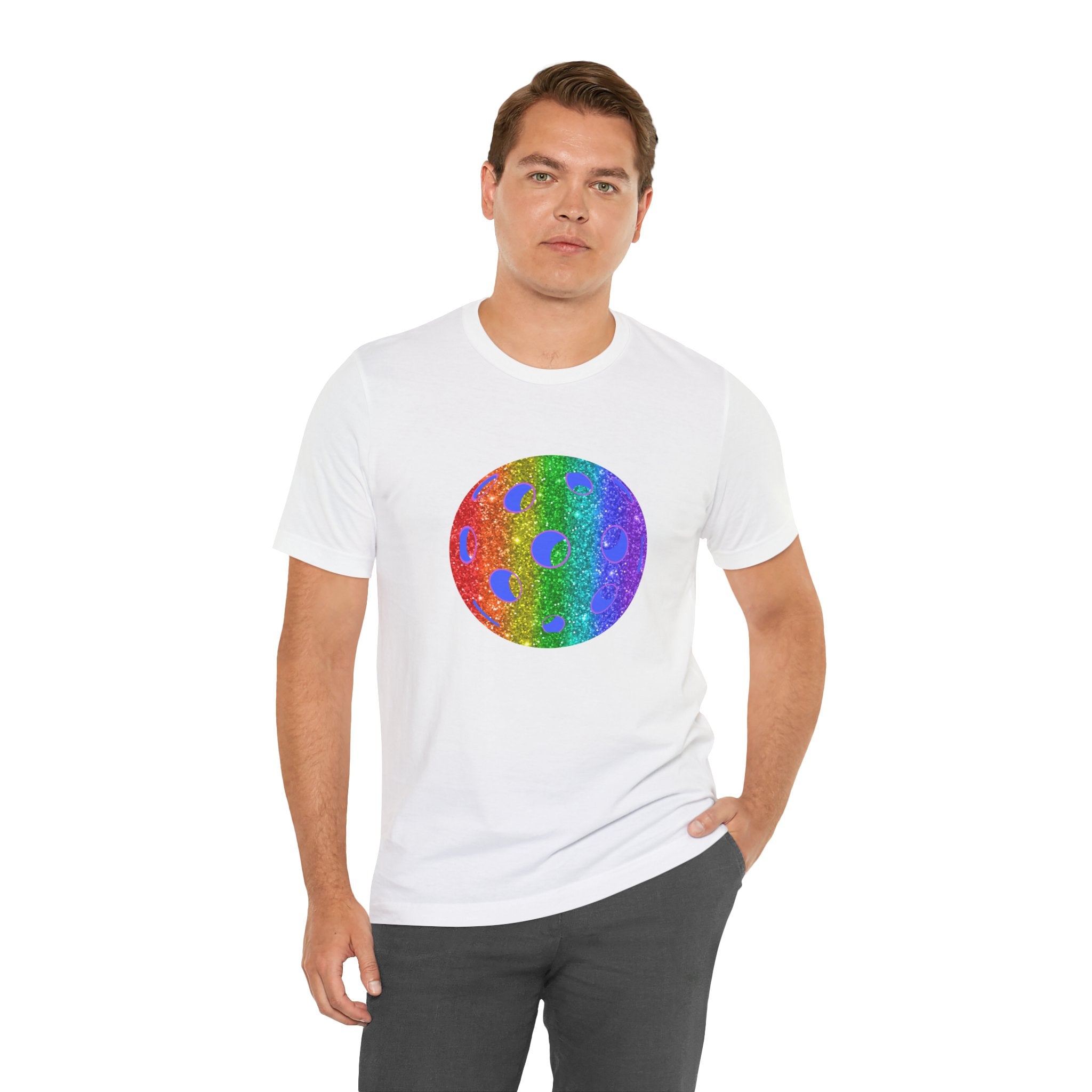 Rainbow glitter pickleball pride T-shirt by Printify featuring a colorful, sparkling design celebrating LGBTQ+ pride and pickleball.