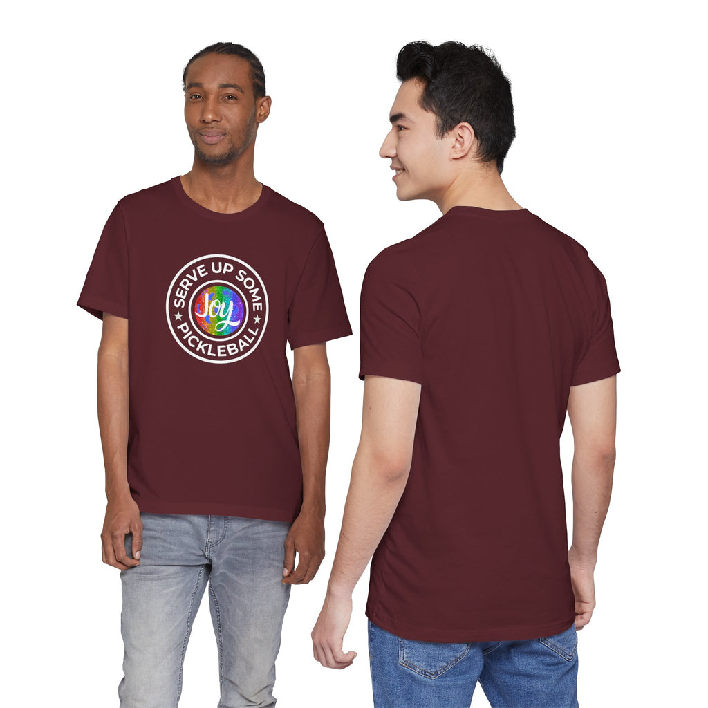LGBTQ2 pride pickleball T-shirt by Printify featuring colorful rainbow design and playful pickleball graphics.