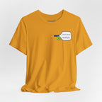 Personalized pickleball T-shirt with custom name and club paddle graphic, casual athletic wear by Printify.