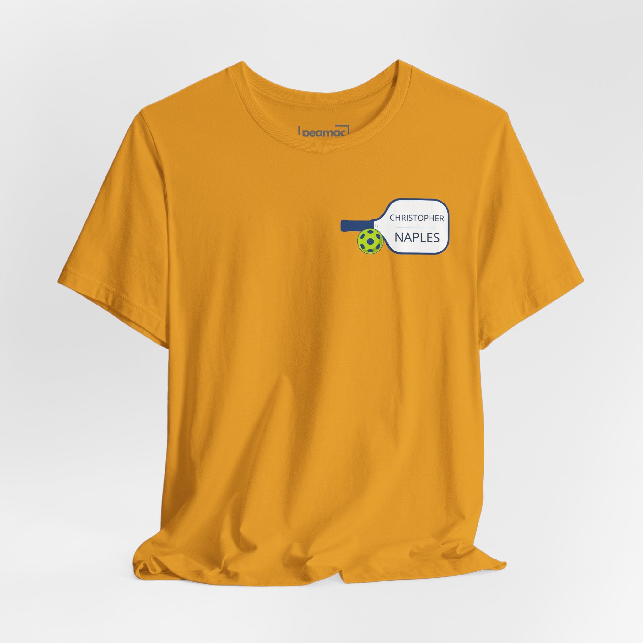 Personalized pickleball T-shirt with custom name and club paddle graphic, casual athletic wear by Printify.