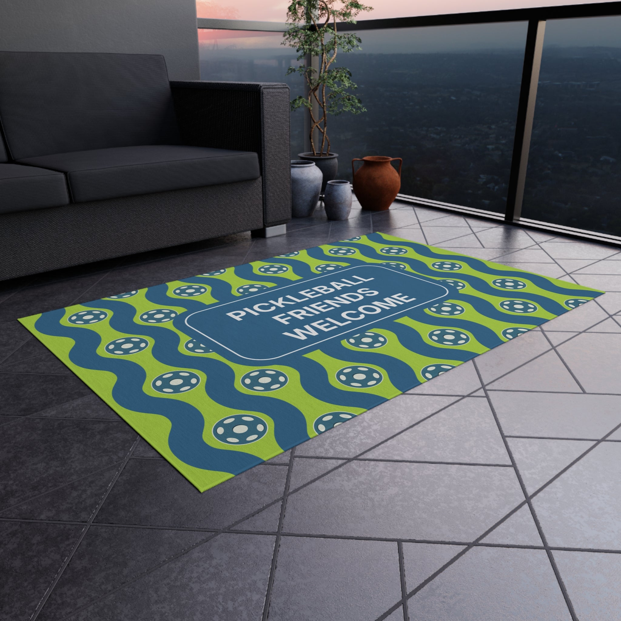 Personalized pickleball-themed outdoor rug with custom welcome message or name, ideal for home decor, available in four sizes.