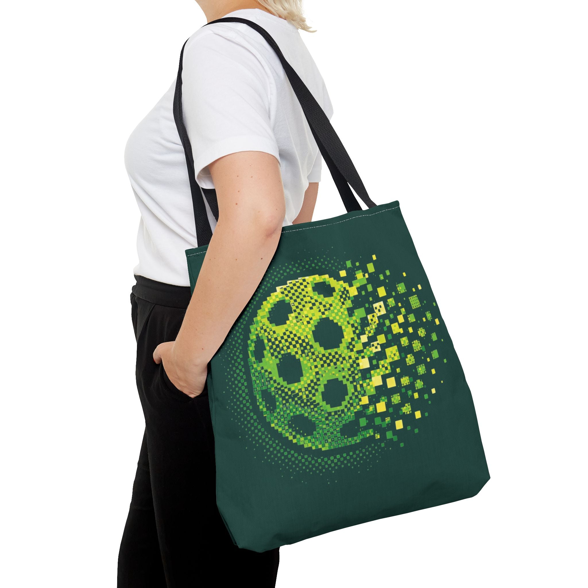 Green Matrix Burst pickleball tote bag with retro exploding design, 18x18 inches, by Printify, featuring bold, colorful patterns.