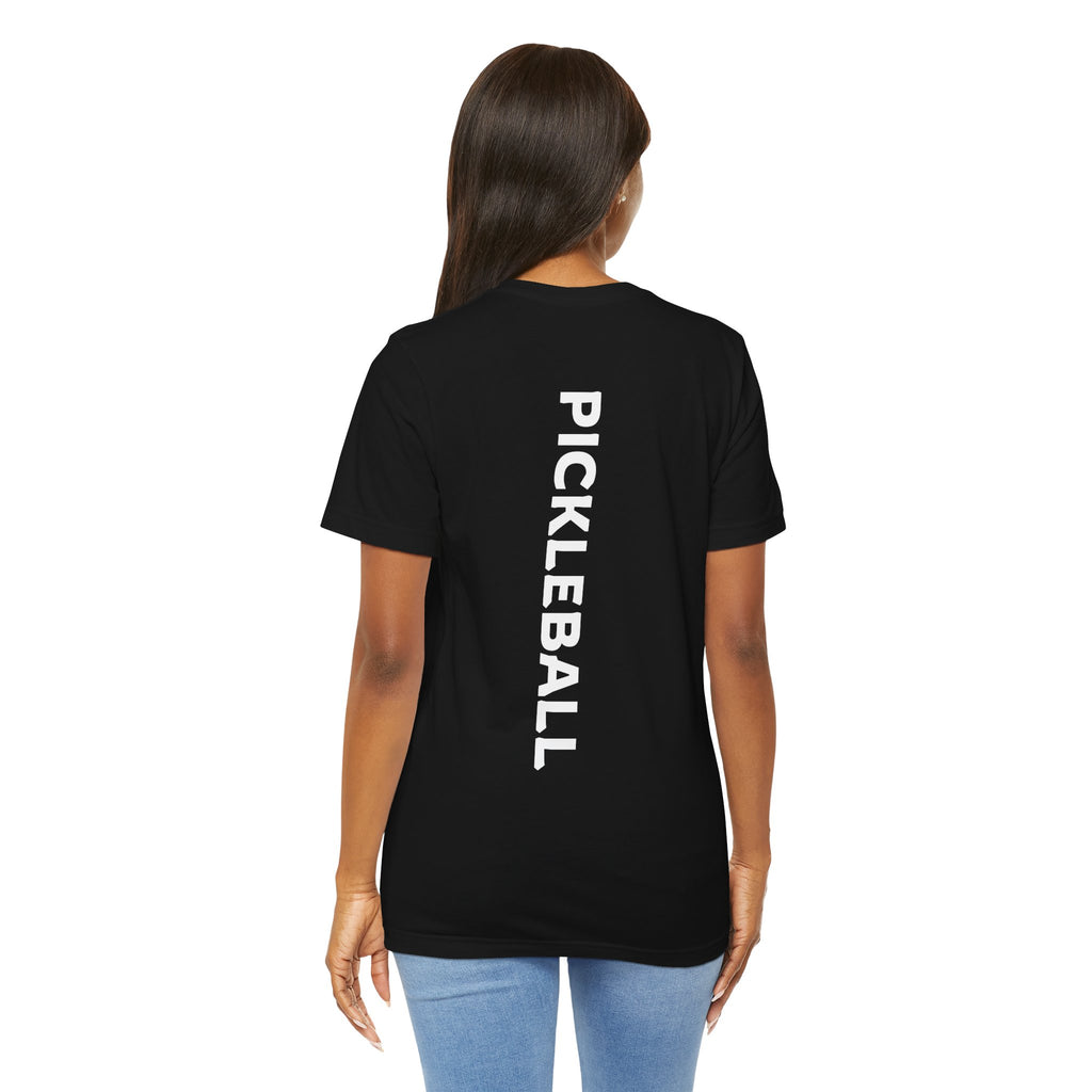 Women's retro-style pickleball T-shirt with vertical "PICKLEBALL" back print, by Printify, casual sportswear for active women.