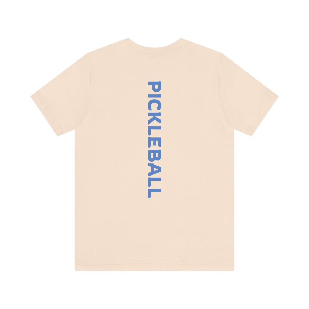 Men's Retro Pickleball Action T-shirt with front silhouette and vertical 'PICKLEBALL' text on the back by Printify.