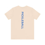Men's Retro Pickleball Action T-shirt with front silhouette and vertical 'PICKLEBALL' text on the back by Printify.