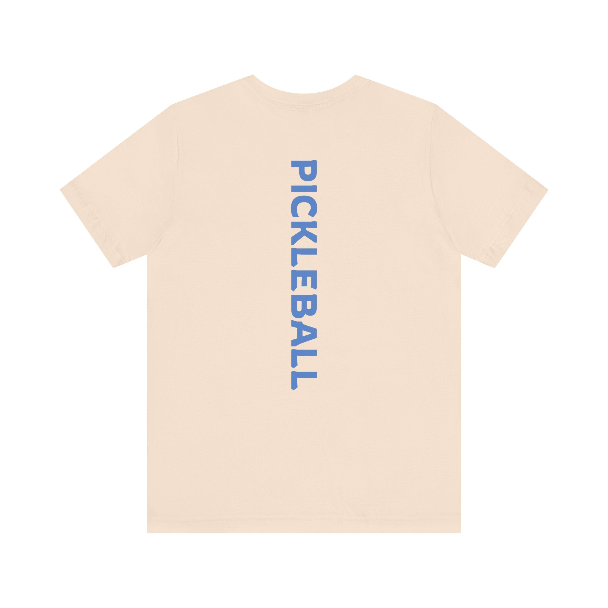 Men's Retro Pickleball Action T-shirt with front silhouette and vertical 'PICKLEBALL' text on the back by Printify.
