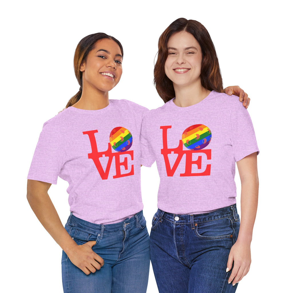 Rainbow LGBTQ2 Pride T-Shirt featuring the LOVE Pickleball logo, designed by Printify, with vibrant rainbow colors and bold lettering.