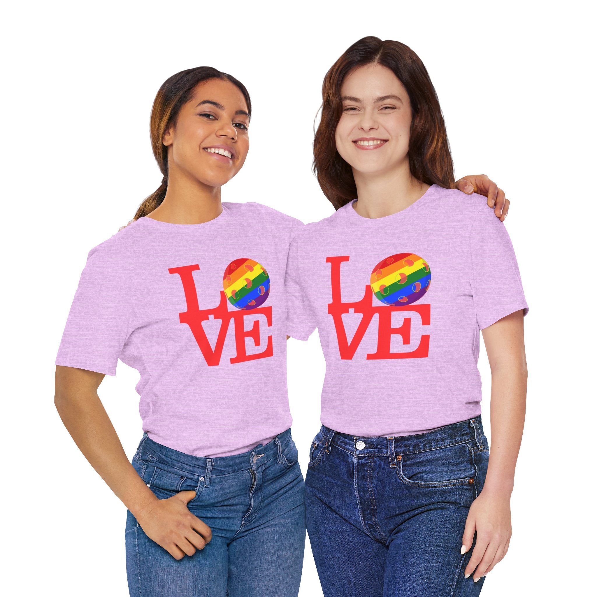 Rainbow LGBTQ2 Pride T-Shirt featuring the LOVE Pickleball logo, designed by Printify, with vibrant rainbow colors and bold lettering.