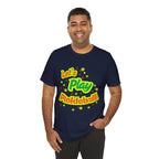 Neon orange and electric green pickleball rally graphic T-shirt by Printify, featuring a vibrant court design on a casual tee.
