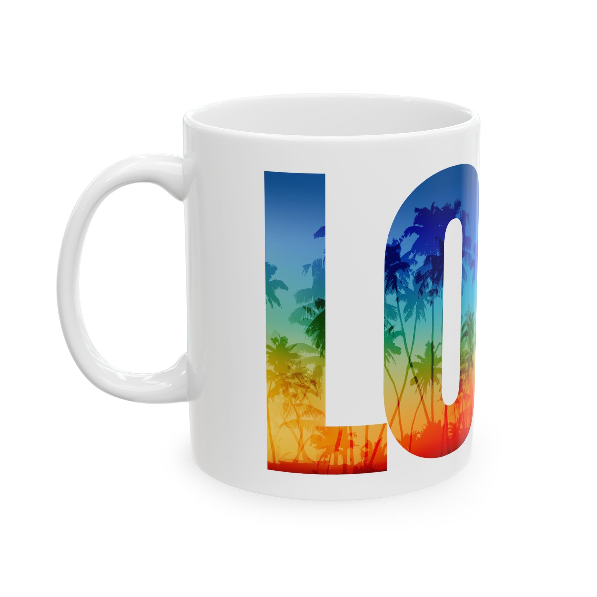 Love Rainbow Pride ceramic mug featuring vibrant tropical LGBTQ+ pride design, 11oz or 15oz coffee cup by Printify.