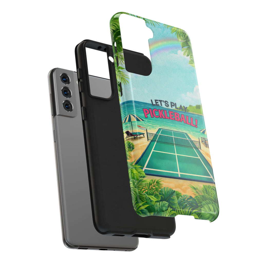 Tropical-themed Let’s Play Pickleball phone case by Printify, featuring a beach court design for iPhone or Android devices.