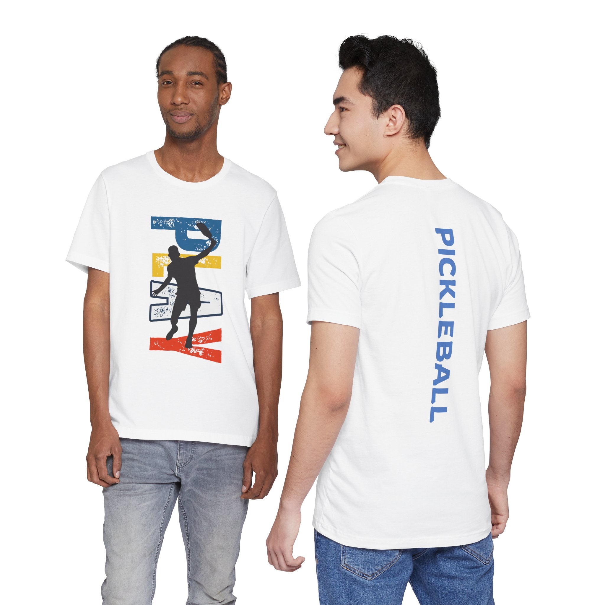 Men's Retro Pickleball Action T-Shirt with front silhouette and vertical "PICKLEBALL" text on the back, by Printify.