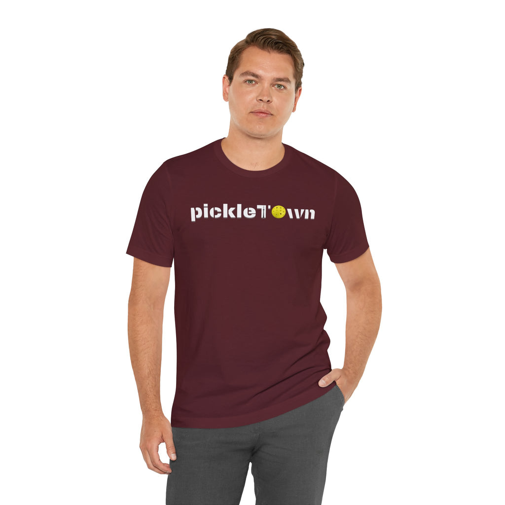 Toronto PickleTOwn T-Shirt featuring CN Tower and pickleball design, casual unisex tee with vibrant city-inspired graphics.