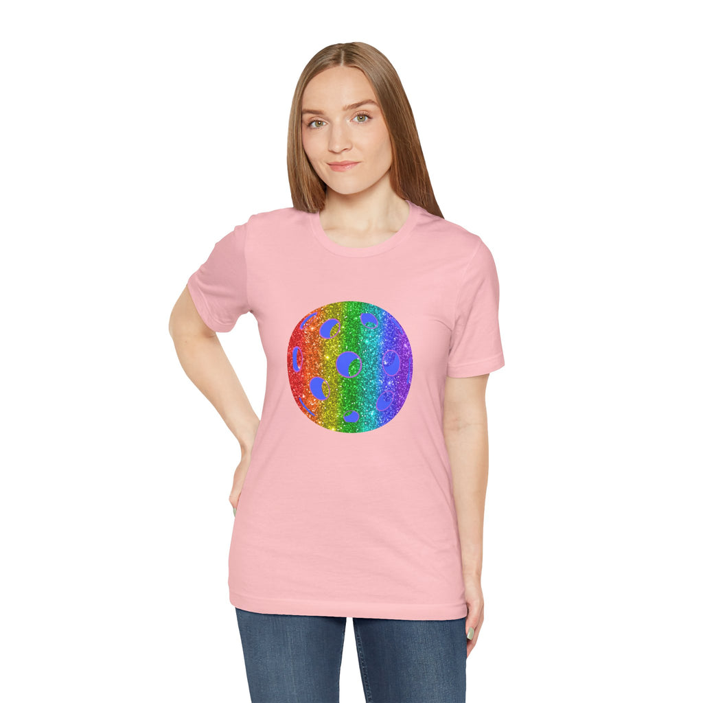 Rainbow glitter pickleball Pride T-shirt from Printify featuring bold "Loud and Proud" text and colorful pickleball graphics.