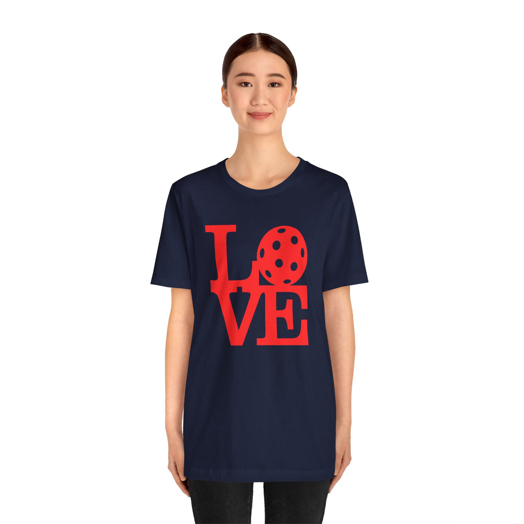 Red LOVE Pickleball graphic T-shirt by Printify featuring bold pop art design, casual short-sleeve tee for activewear or everyday style.
