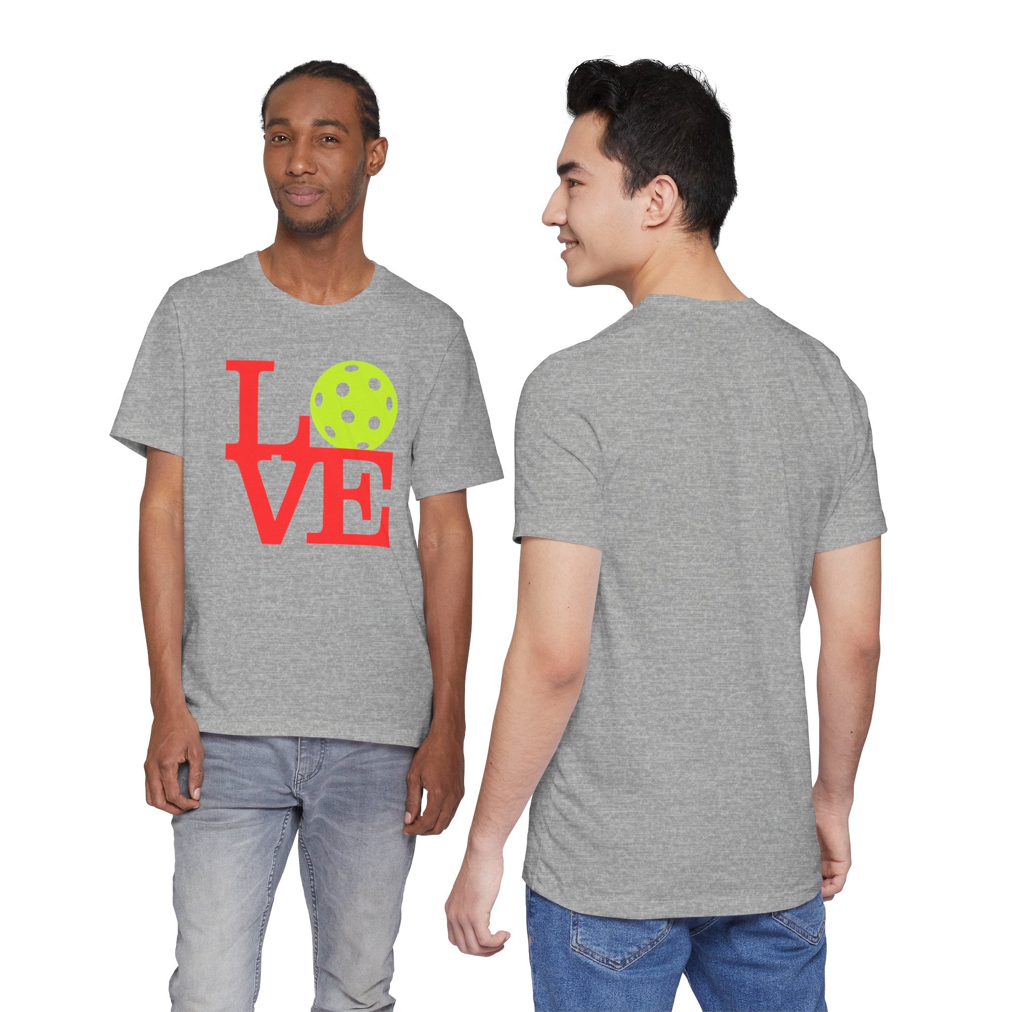 Neon pop art style LOVE pickleball T-shirt by Printify, premium cotton, vibrant colors, casual fit for activewear and everyday style.