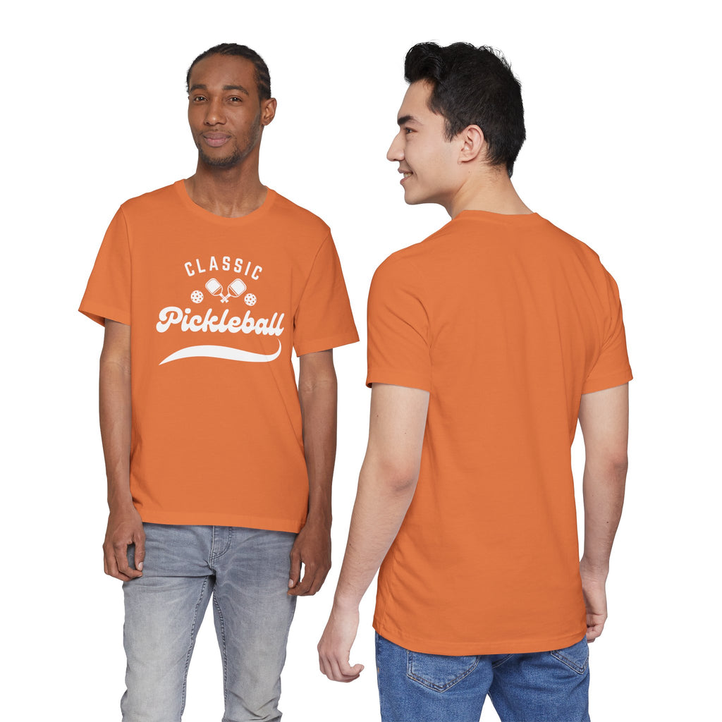 Classic pickleball T-shirt with "Pickleball" script design, comfortable cotton fabric, perfect for pickleball players and fans.