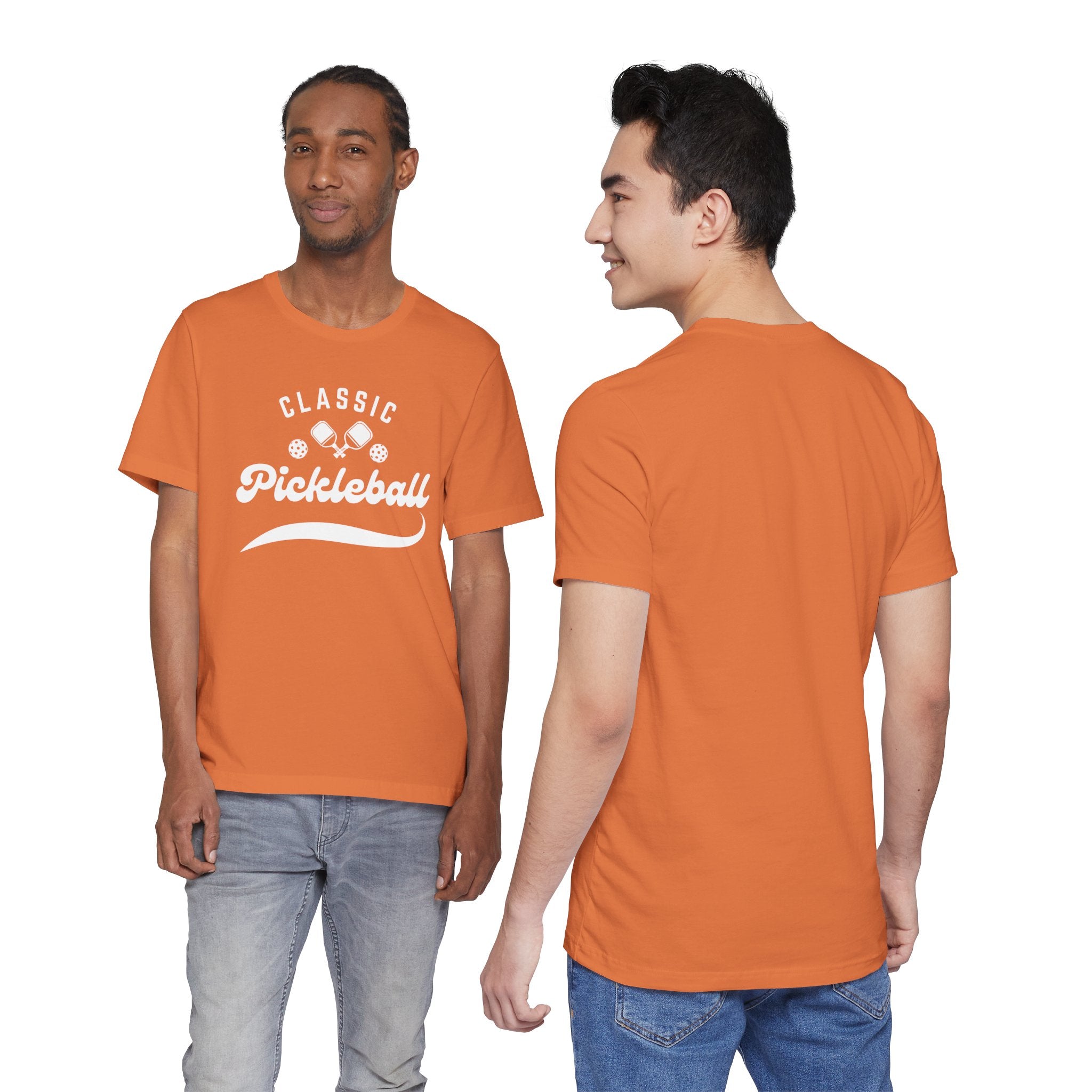 Classic pickleball T-shirt with "Pickleball" script design, comfortable cotton fabric, perfect for pickleball players and fans.