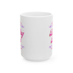 Pink filigree ceramic mug featuring the Dinking Diva Pickleball logo, available in 11oz and 15oz sizes, perfect for coffee or tea.