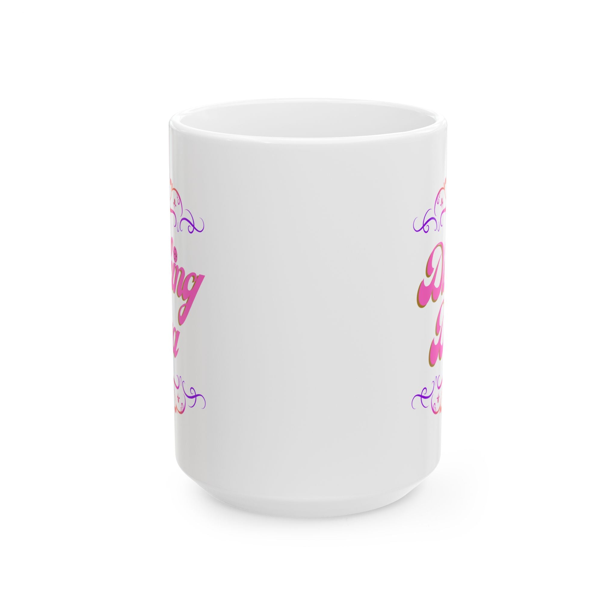 Pink filigree ceramic mug featuring the Dinking Diva Pickleball logo, available in 11oz and 15oz sizes, perfect for coffee or tea.