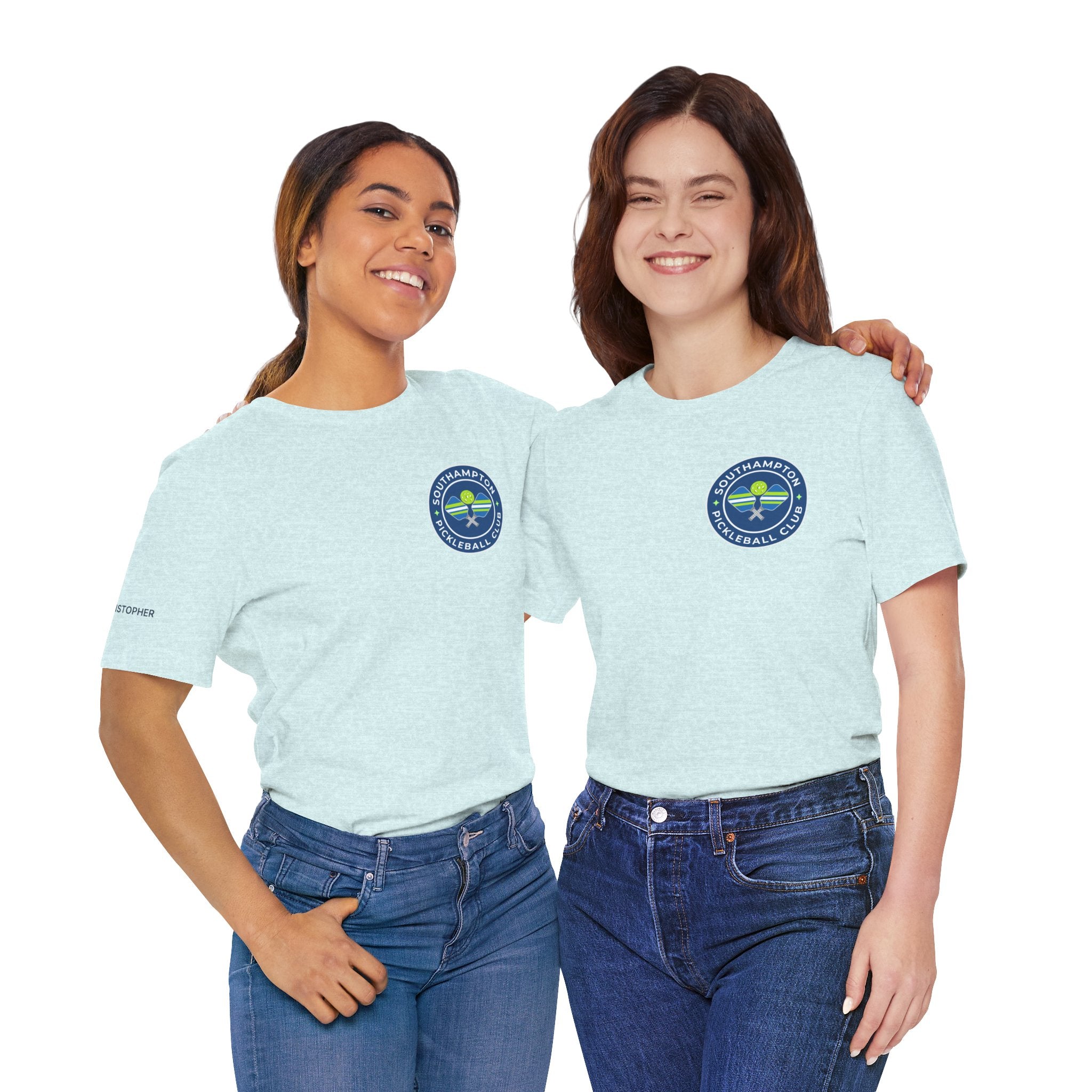 Personalized pickleball T-shirt with custom name sleeve and club logo on the back, made by Printify, featuring a centered pickleball graphic.