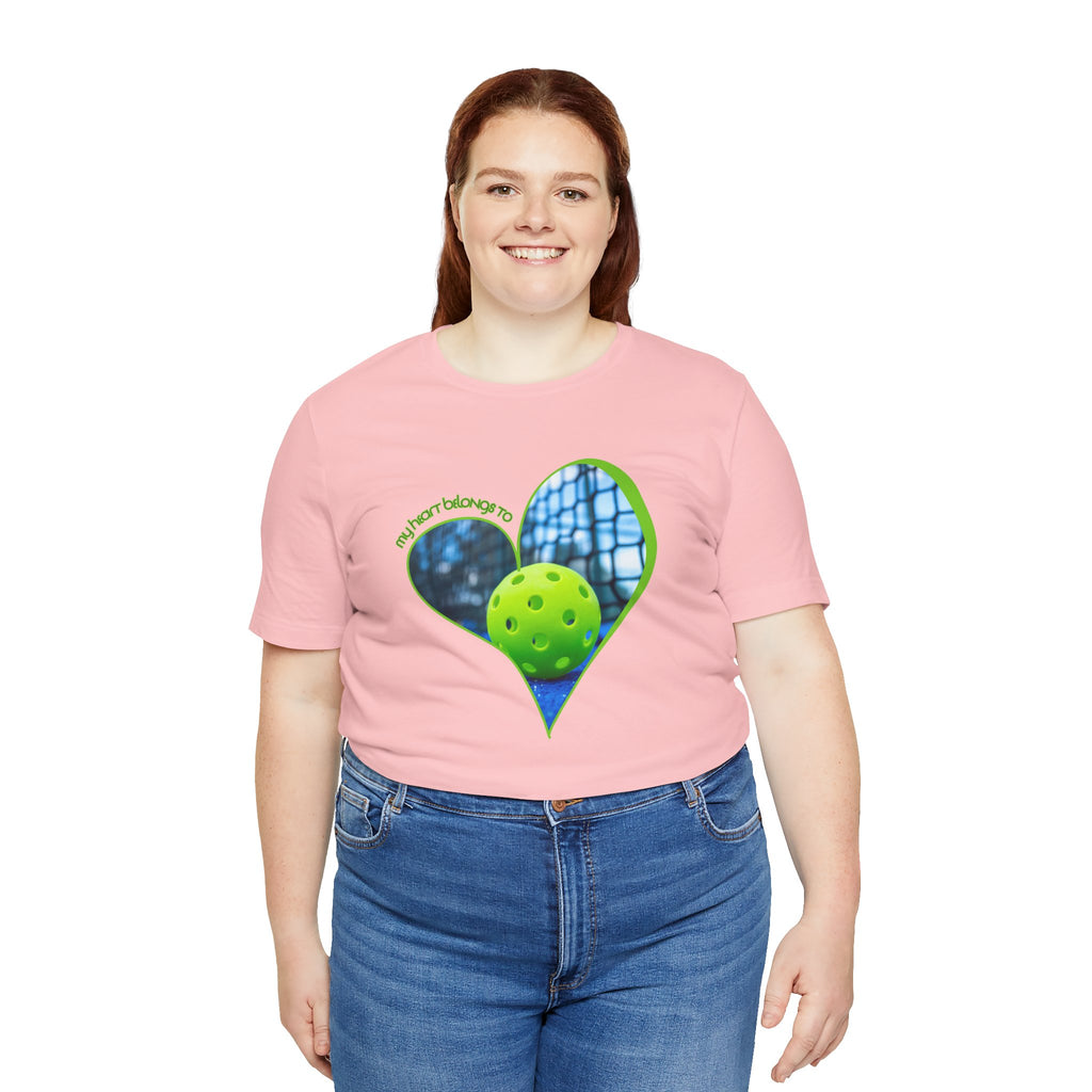 White Pickleball T-Shirt for players and fans with "My Heart Belongs to Pickleball" print by Printify, casual and comfortable fit