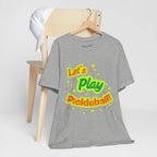 Neon orange and electric green pickleball rally T-shirt with court graphic, made by Printify, casual sportswear for active players.