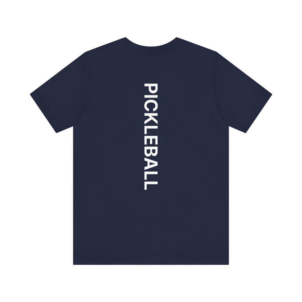 Men's Retro Pickleball Action Tee with front silhouette and vertical "PICKLEBALL" text on the back, by Printify
