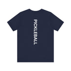 Men's Retro Pickleball Action Tee with front silhouette and vertical "PICKLEBALL" text on the back, by Printify