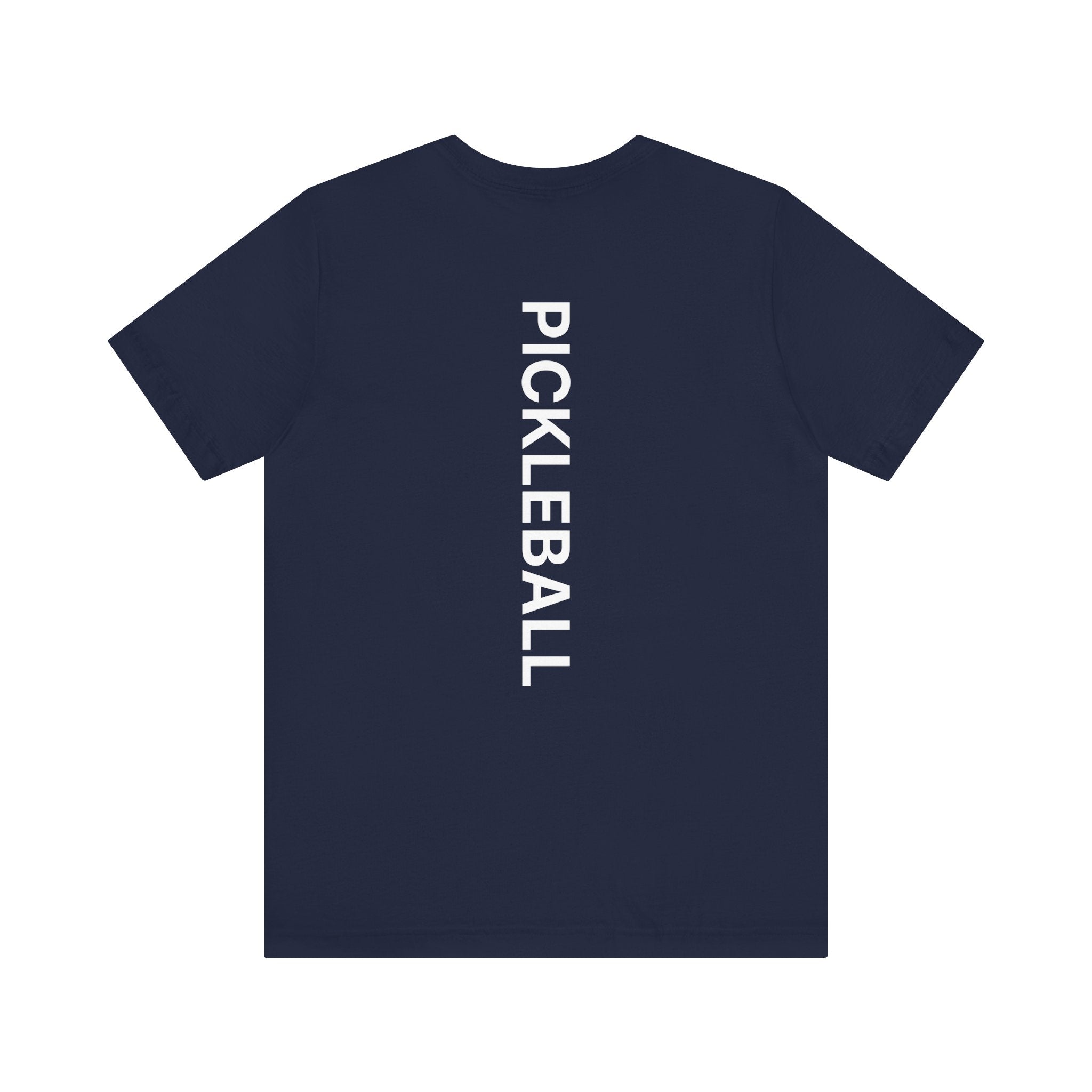 Men's Retro Pickleball Action Tee with front silhouette and vertical "PICKLEBALL" text on the back, by Printify
