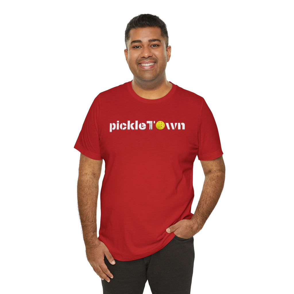 Toronto PickleTOwn T-Shirt featuring CN Tower and pickleball design, casual unisex shirt from Printify.