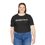 Toronto PickleTOwn T-Shirt featuring CN Tower and Pickleball 'O' logo, casual wear in a vibrant design.