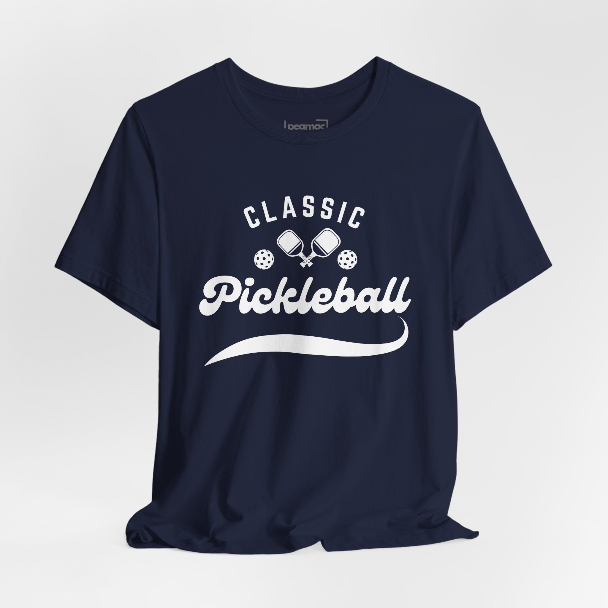 White pickleball t-shirt with "Pickleball" script design from Printify, casual apparel for pickleball enthusiasts.