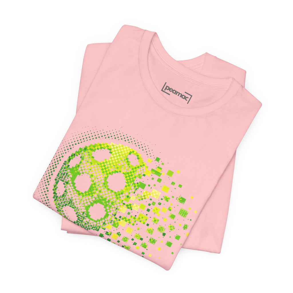 Green Matrix Burst Pickleball Tee with retro court graphic, casual T-shirt by Printify featuring bold, colorful pickleball design.