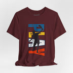 Men's Retro Pickleball Action T-shirt featuring a dynamic front silhouette and vertical "PICKLEBALL" text on the back.